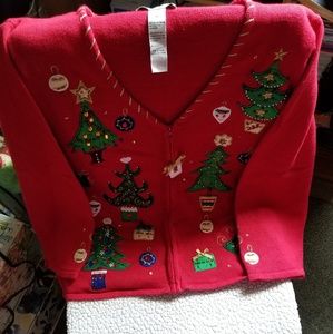 Christmas sweater with Christmas trees and ornamen